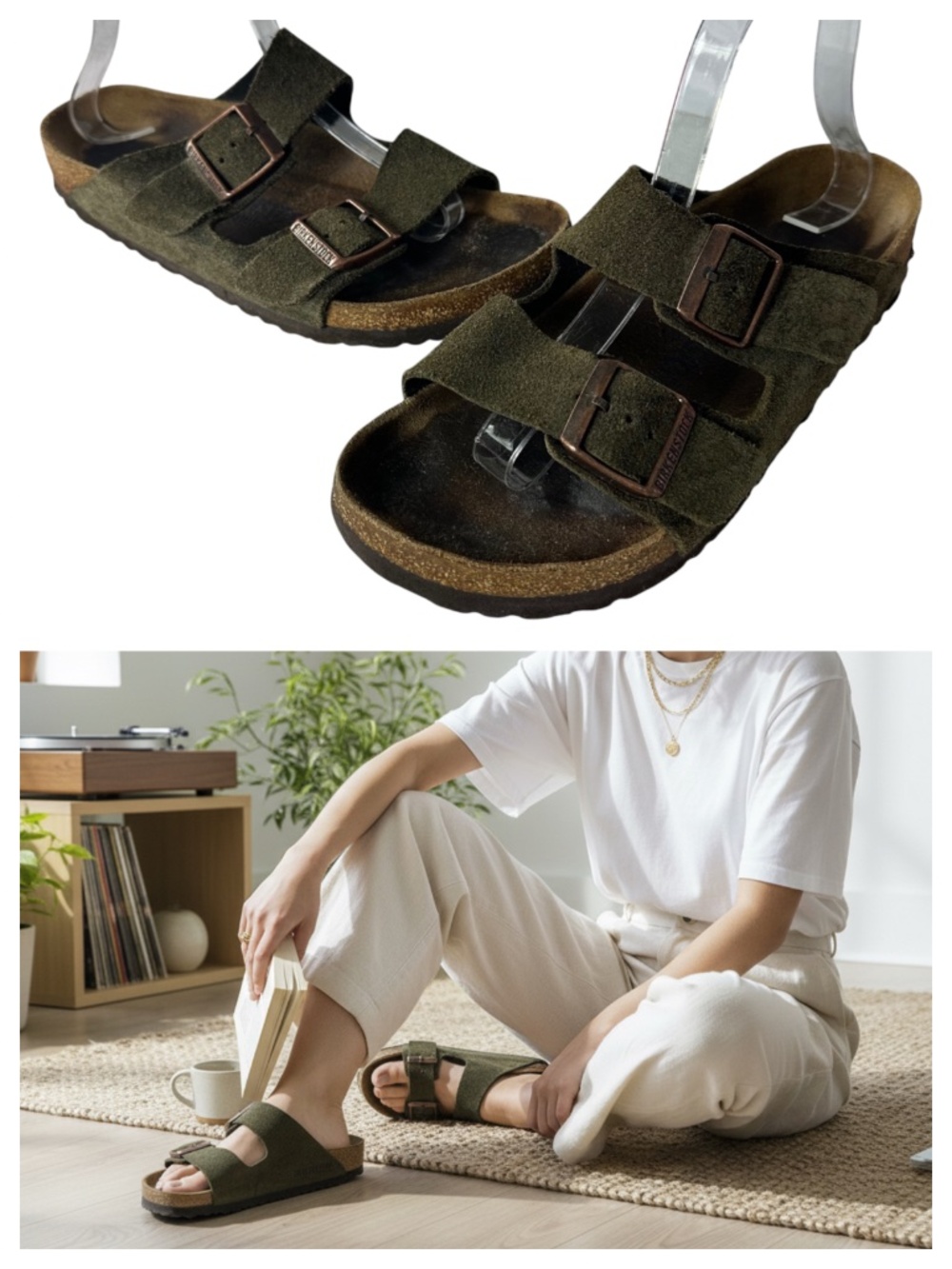 Birkenstock Arizona Sandals Sz 39 US 8 / 8.5 Olive Green Suede Leather Slides